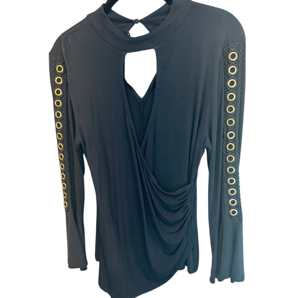 Venus Long Sleeve Top with Gold Accents asymmetrical navy blue